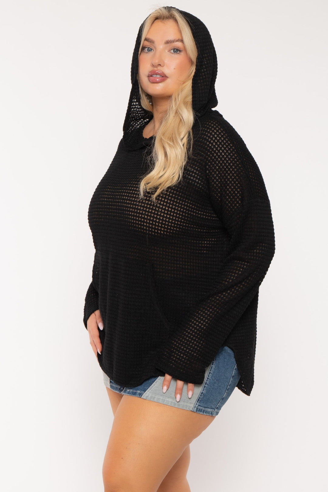 CULTURE CODE Tops Plus Size Oversize Waffle  Hoodie  Top - Black