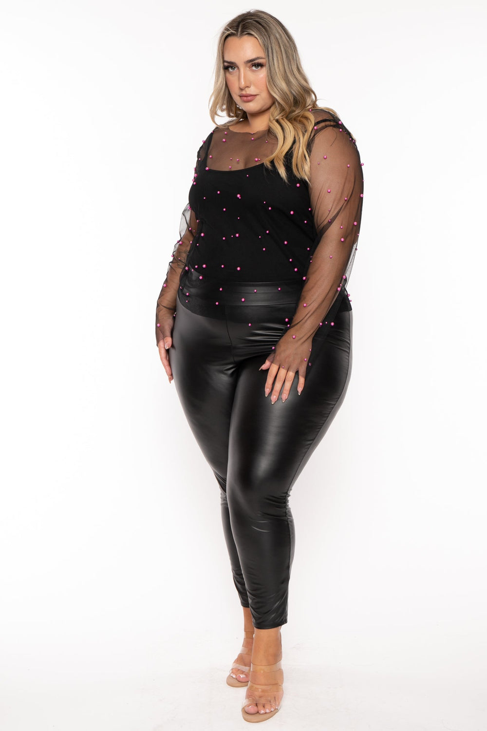 GEE GEE Tops Plus Size Pearly Mesh   Top - Black