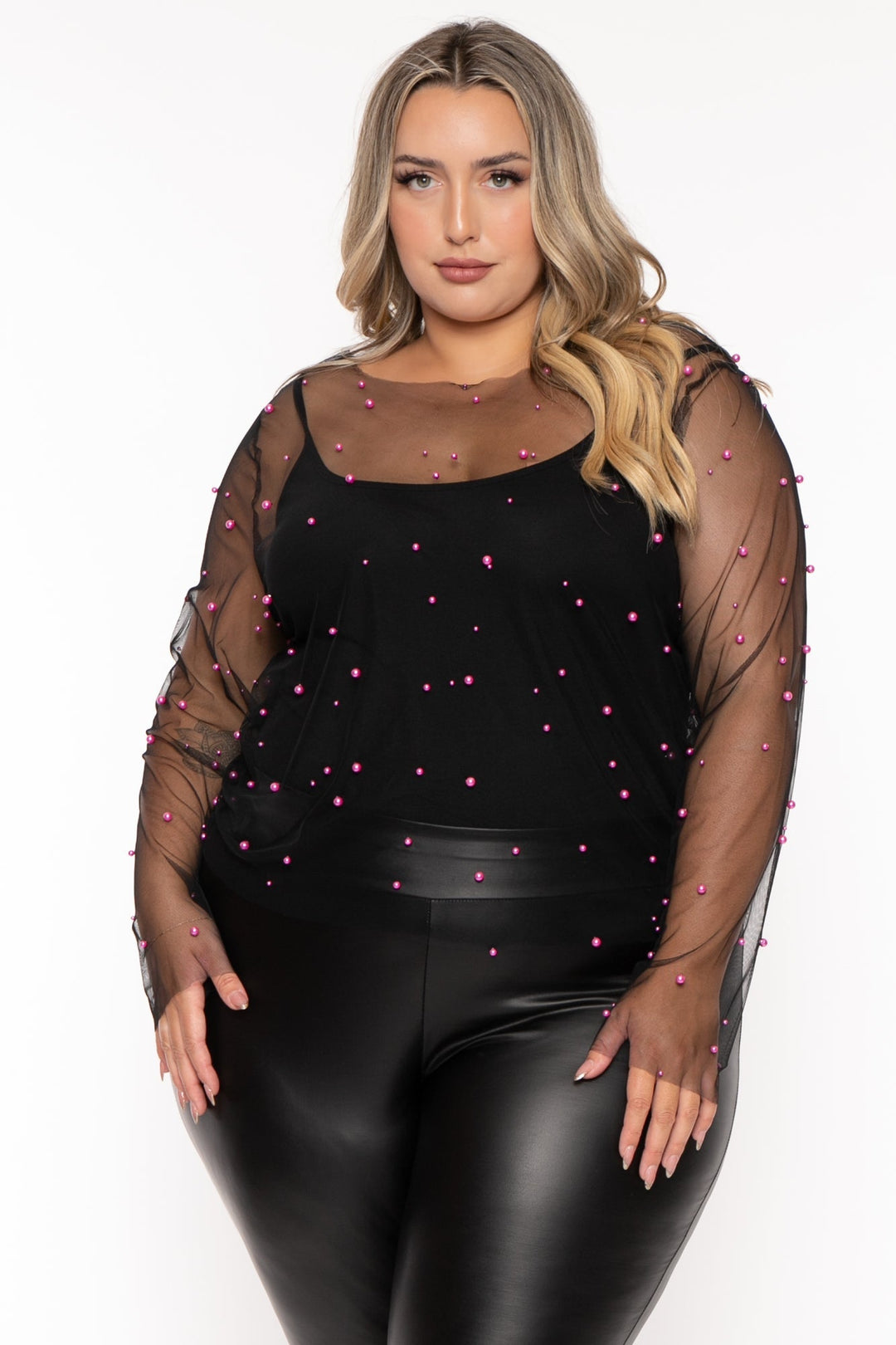 GEE GEE Tops 1X / Black Plus Size Pearly Mesh   Top - Black