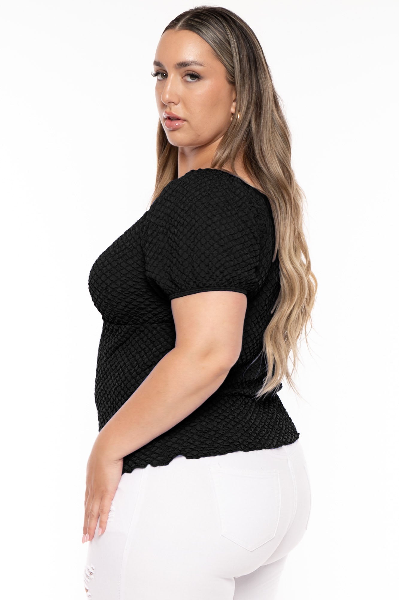 Women's Plus Size Peasant Honeycomb Bubble Top - Black - Curvy Sense