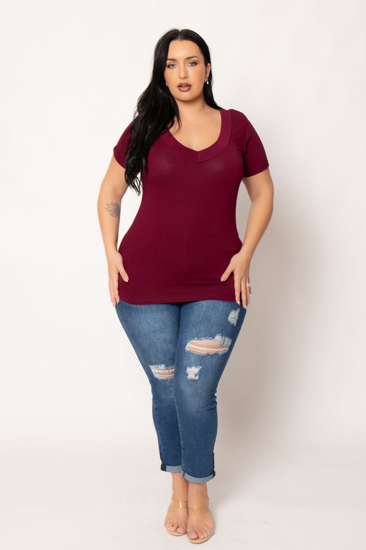 Ambiance Tops Plus Size Perfect V Tee - Burgundy
