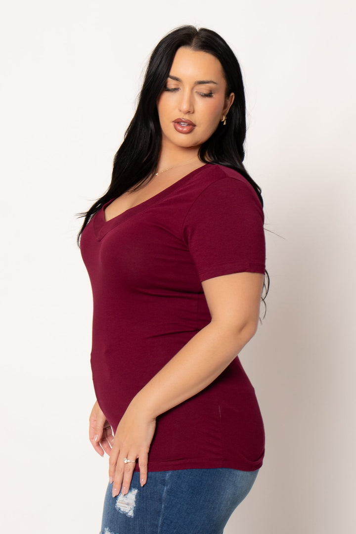 Ambiance Tops Plus Size Perfect V Tee - Burgundy