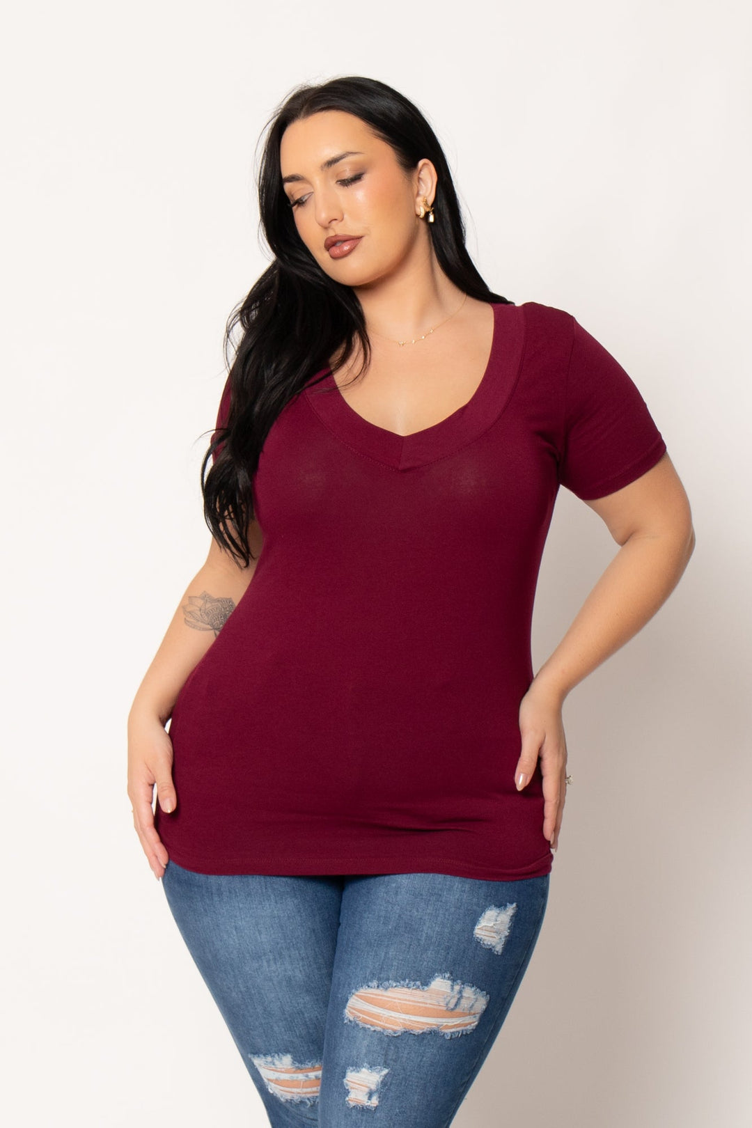 Ambiance Tops Plus Size Perfect V Tee - Burgundy