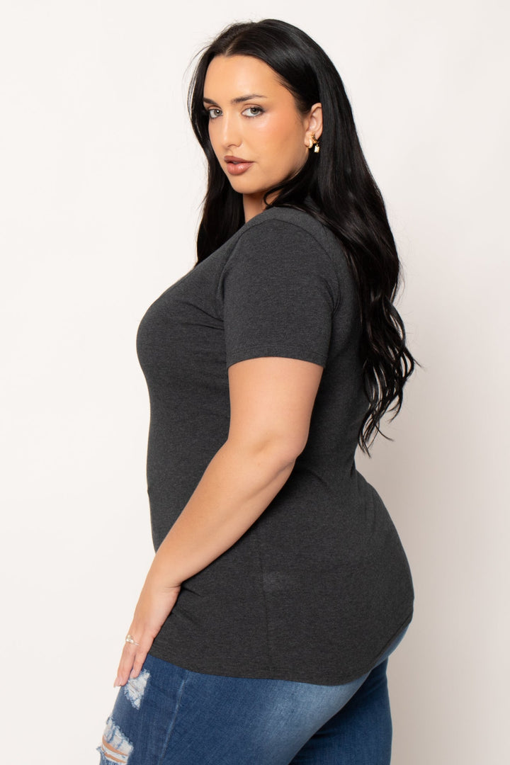 Ambiance Tops Plus Size Perfect V Tee - Charcoal