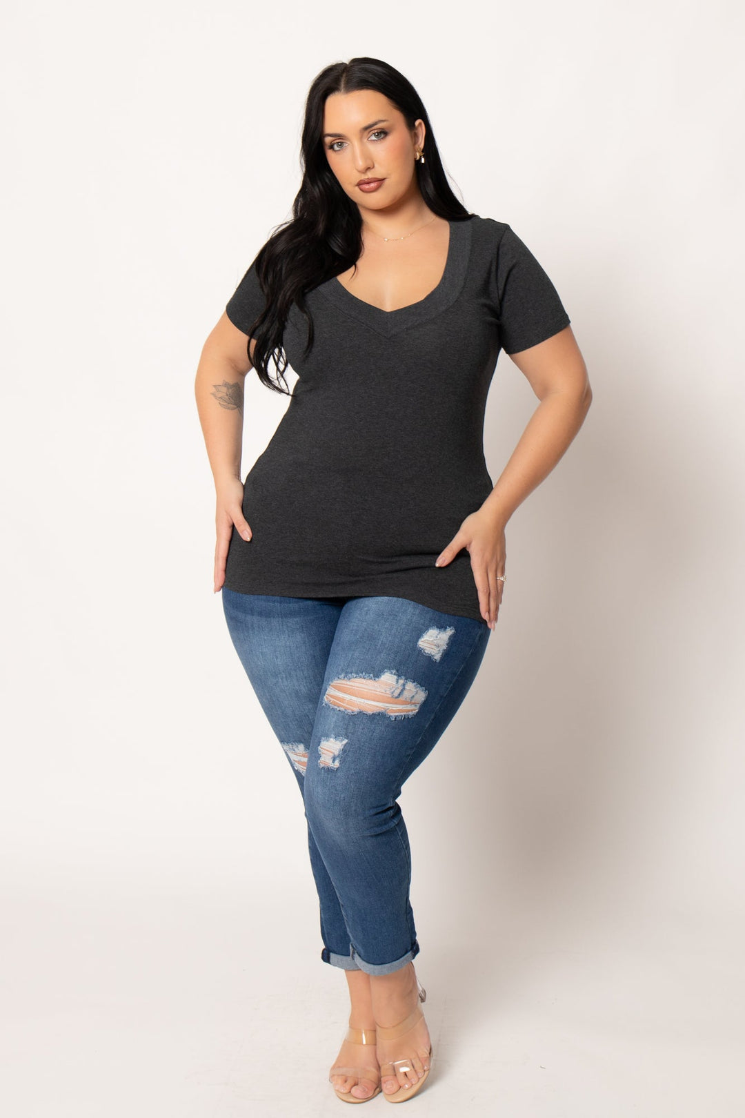 Ambiance Tops Plus Size Perfect V Tee - Charcoal