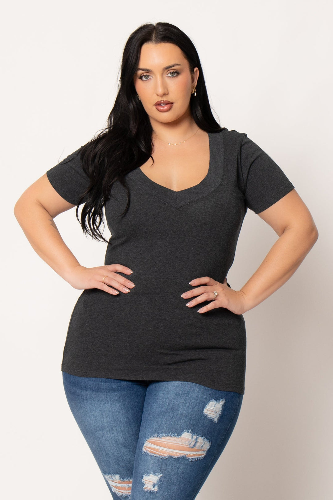 Ambiance Tops Plus Size Perfect V Tee - Charcoal