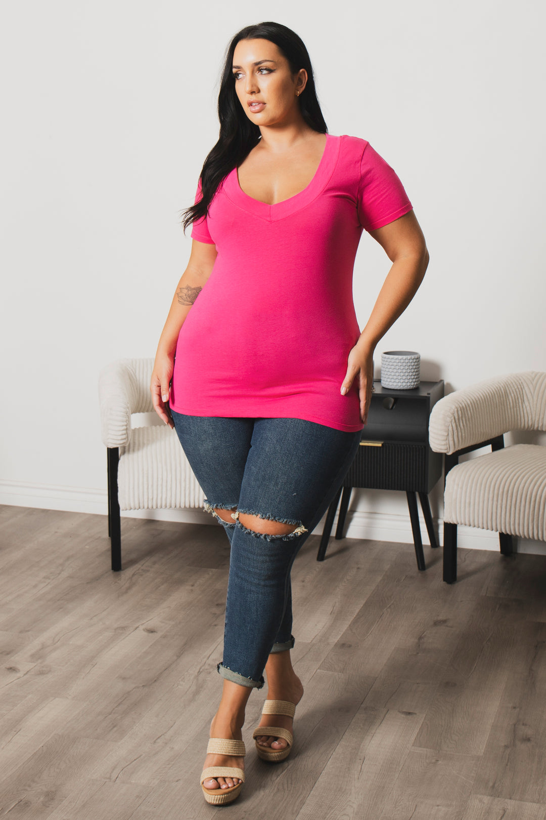Ambiance Tops Plus Size Perfect V Tee - Fuchsia