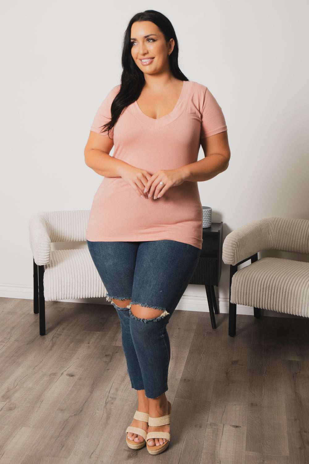 Ambiance Tops Plus Size Perfect V Tee - Mauve