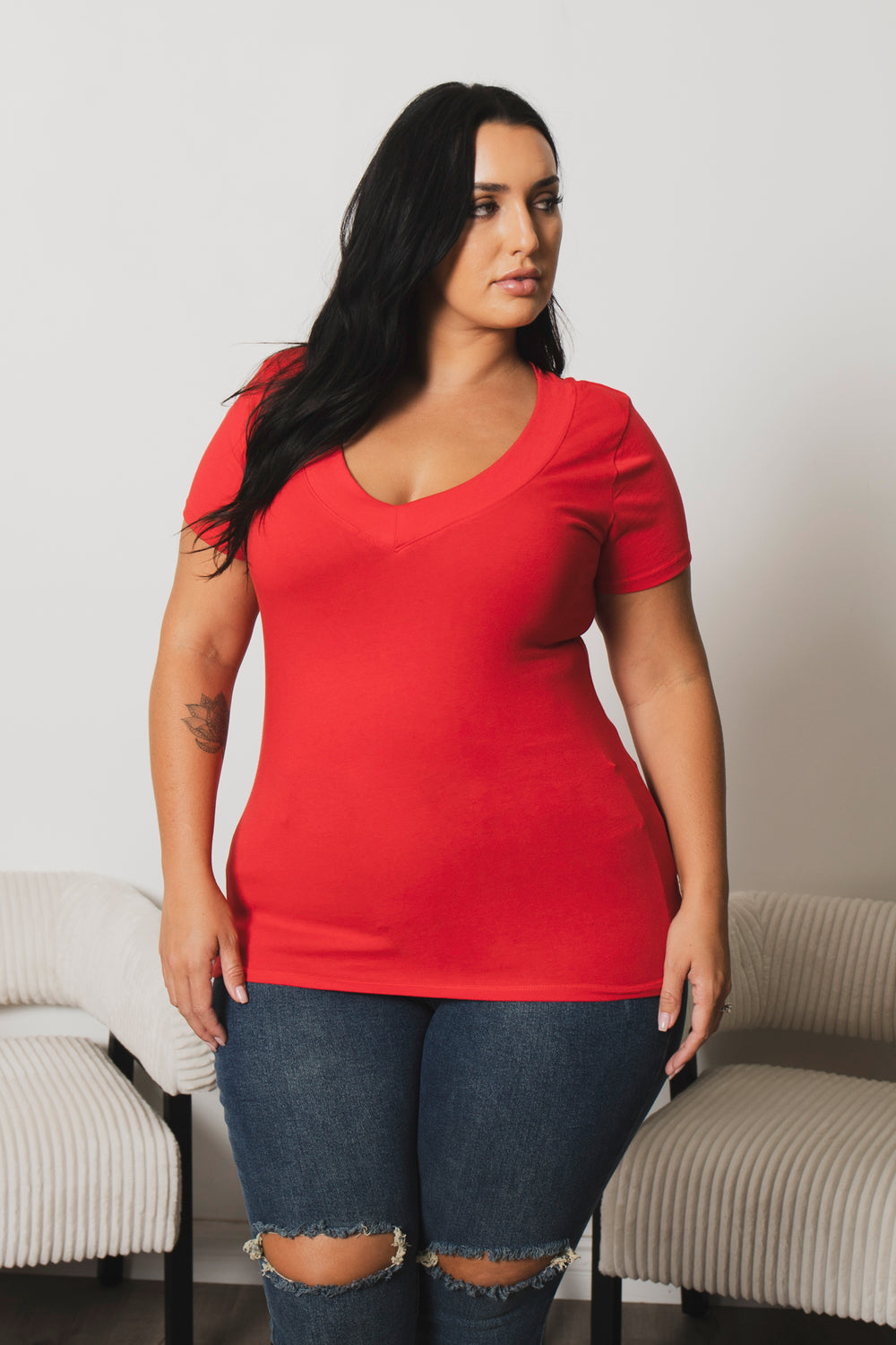 Ambiance Tops Plus Size Perfect V Tee - Red