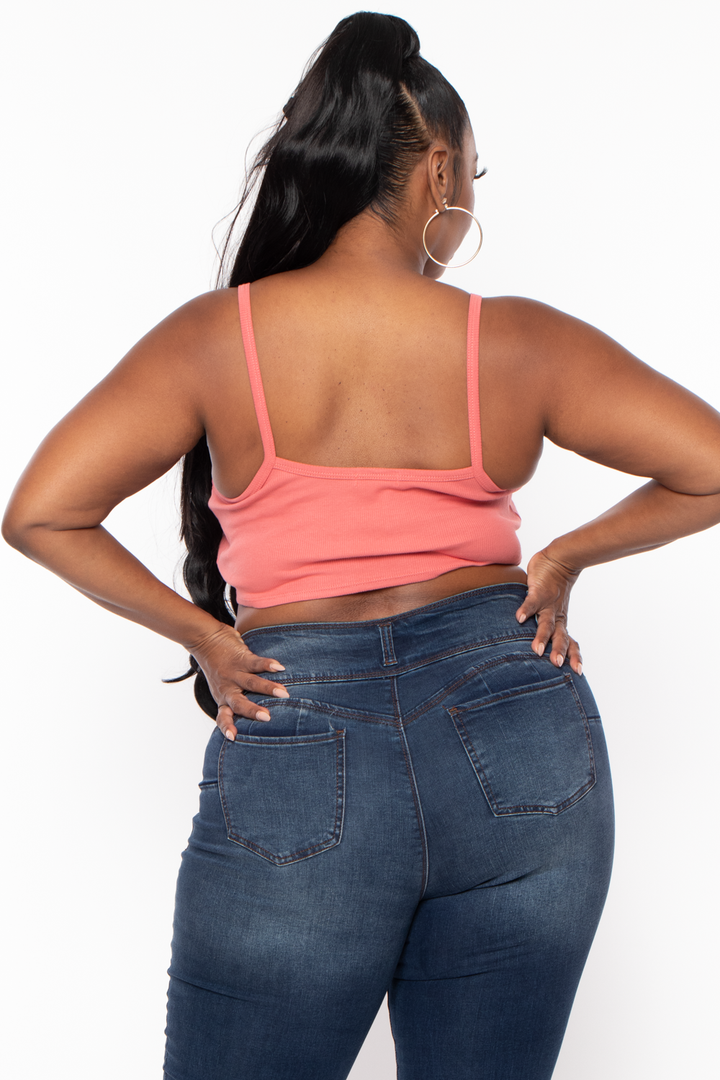 Curvy Sense Tops Plus Size Pointy Ribbed Cami Top - Coral