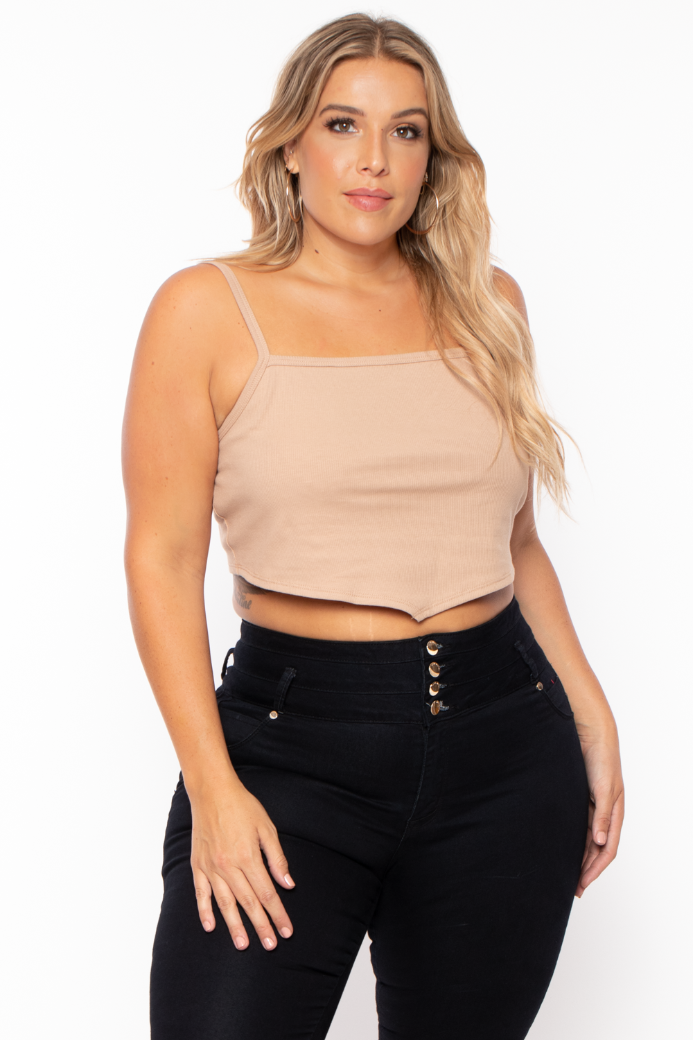 Curvy Sense Tops 1X / Mocha Plus Size Pointy Ribbed Cami Top - Mocha