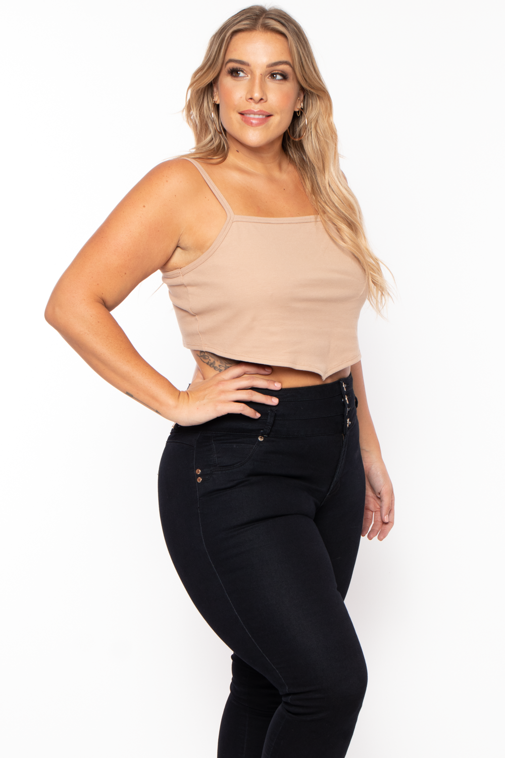 Curvy Sense Tops Plus Size Pointy Ribbed Cami Top - Mocha