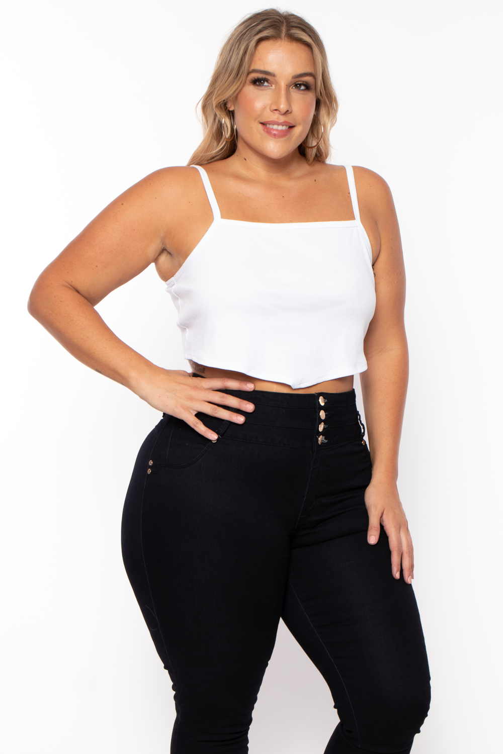 Curvy Sense Tops Plus Size Pointy Ribbed Cami Top - White