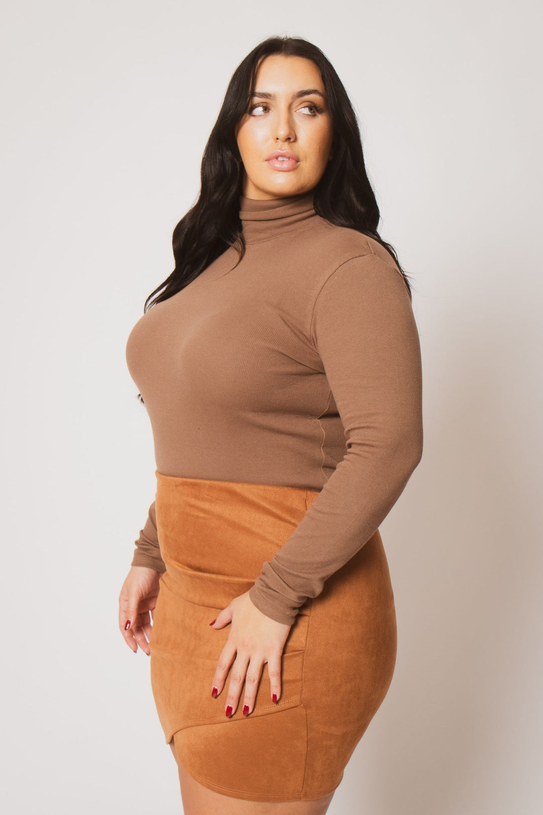 Ambiance Tops Plus Size Ribbed Turtleneck Top - Mocha