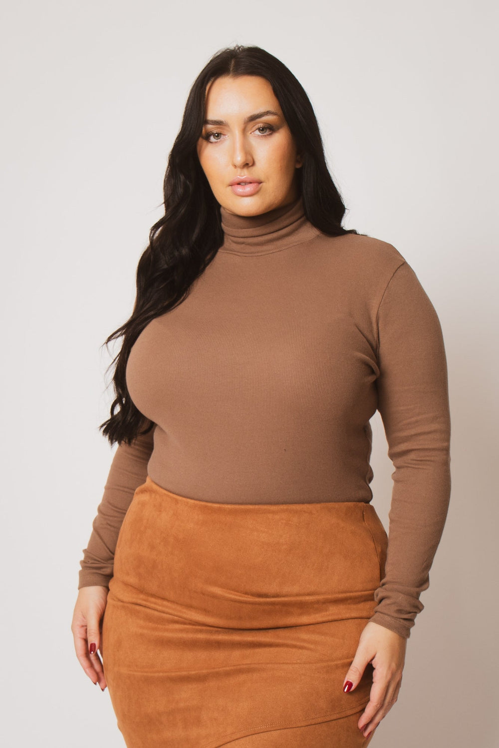 Ambiance Tops Plus Size Ribbed Turtleneck Top - Mocha