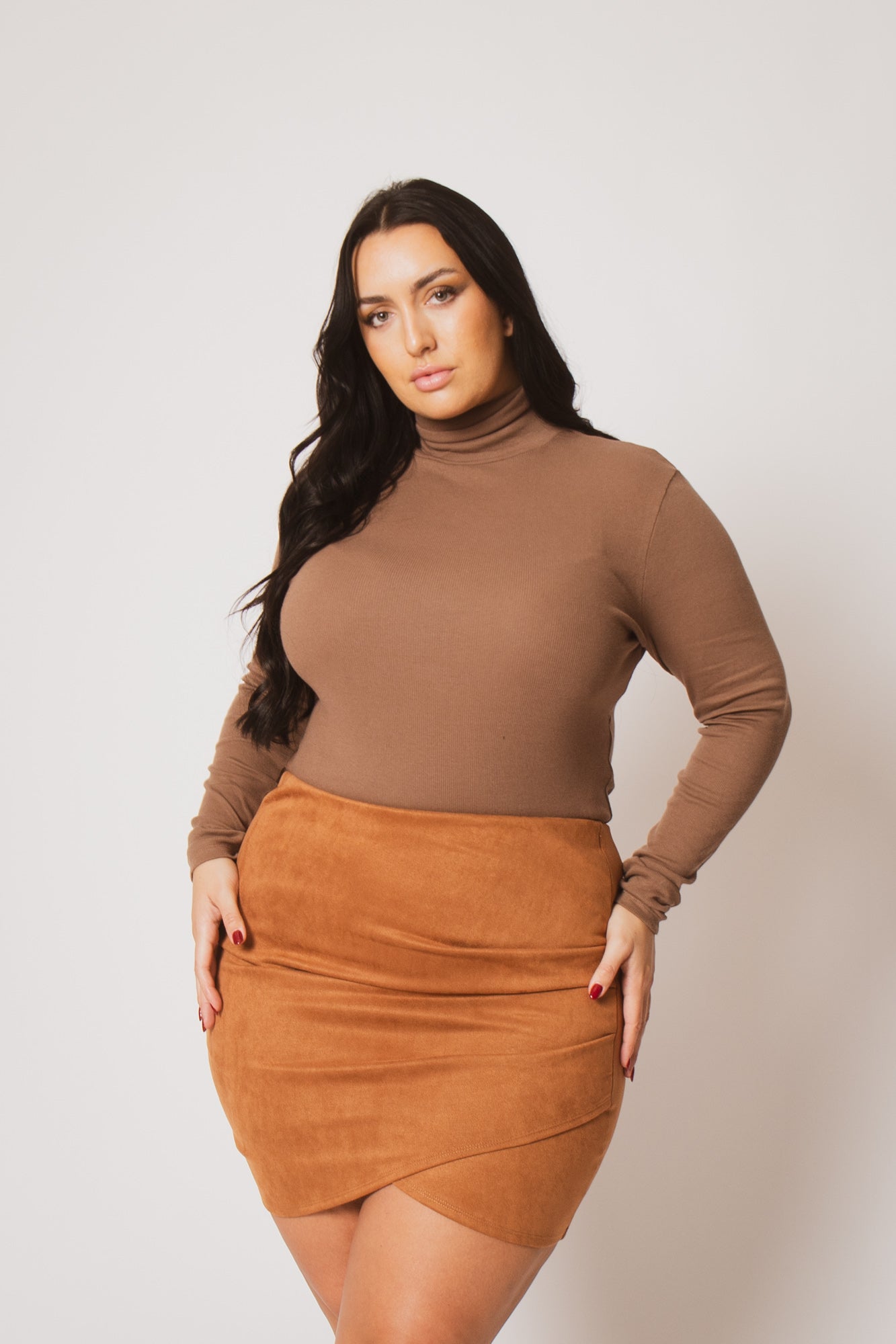 Women's Plus Size Ribbed Turtleneck Top - Mocha - Curvy Sense