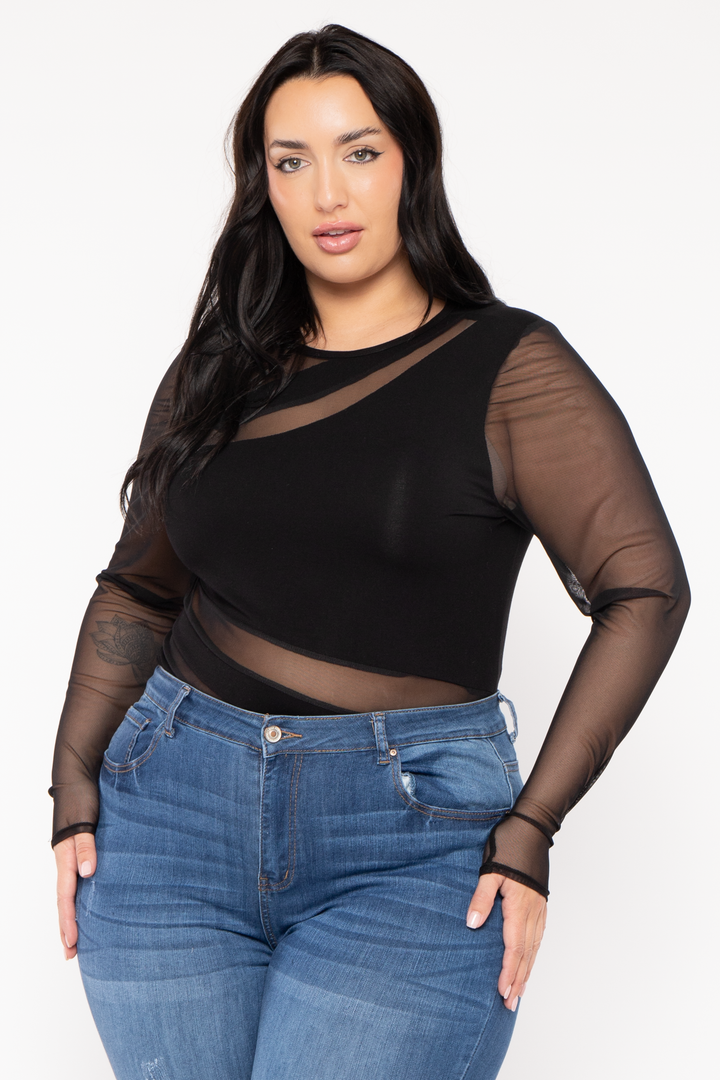 Curvy Sense Tops Plus Size Rica Asymmetric Bodysuit- Black