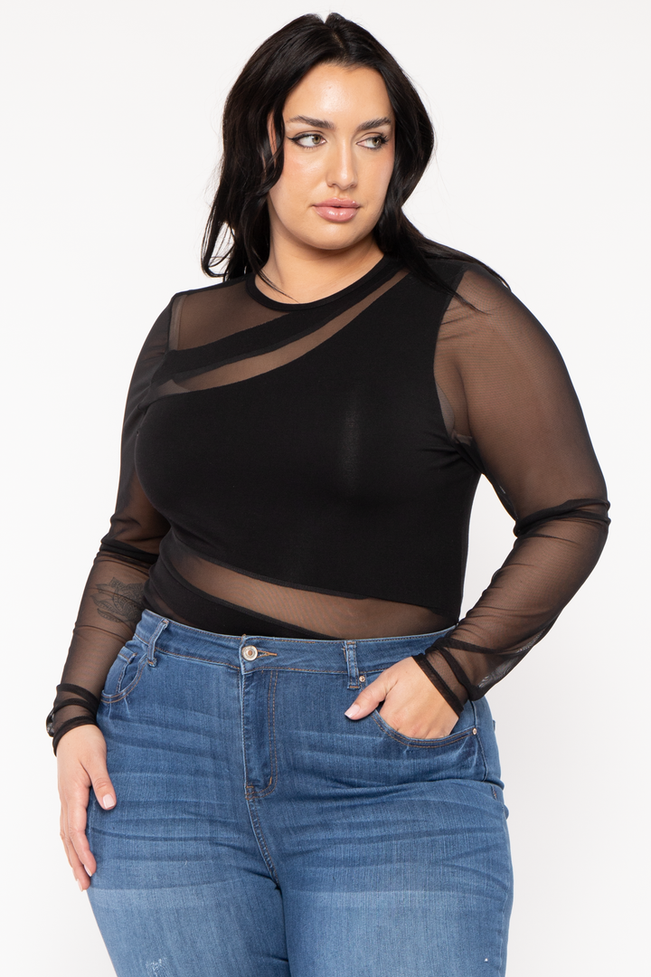 Curvy Sense Tops Plus Size Rica Asymmetric Bodysuit- Black