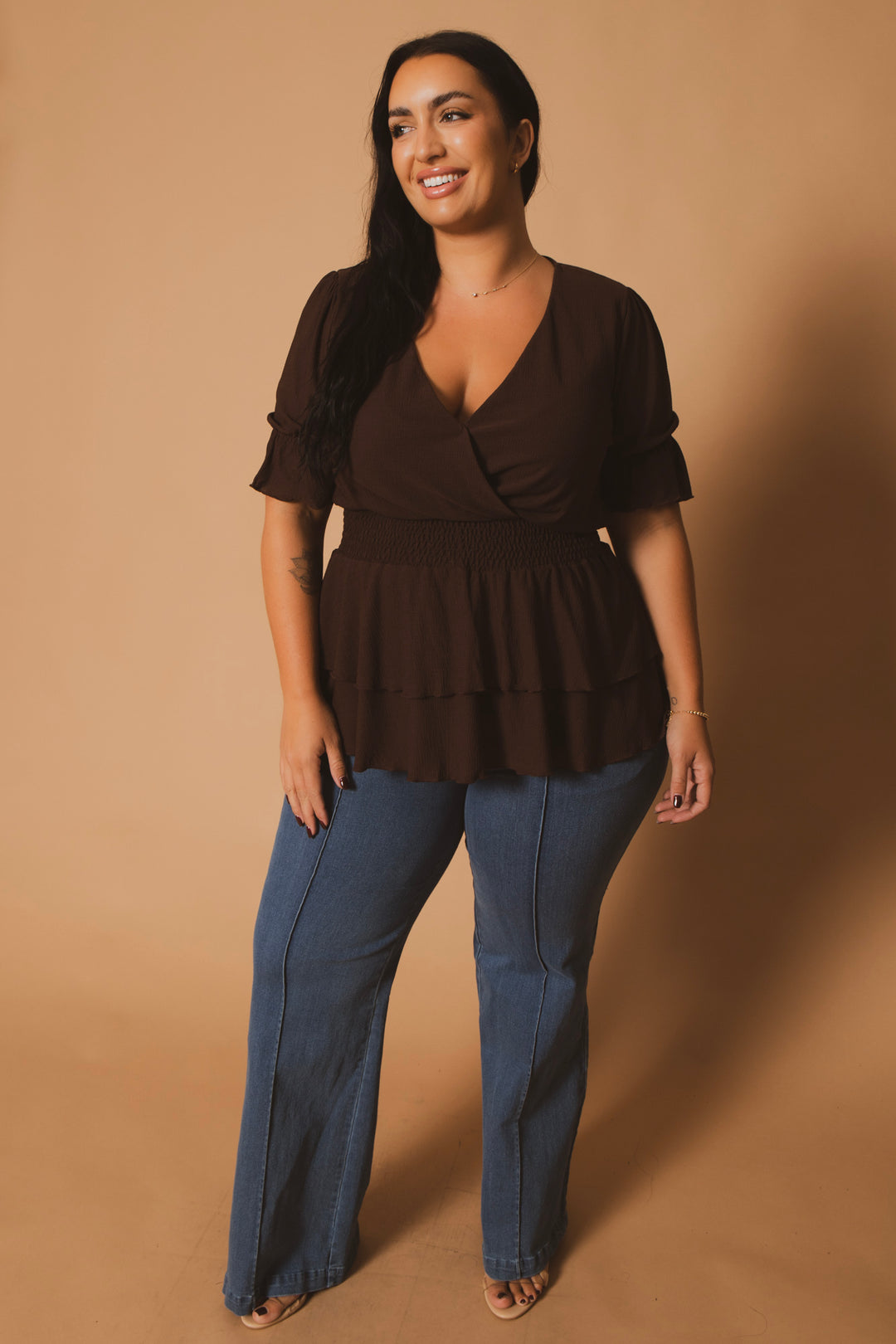 Blue Leopard Tops Plus Size Sandy Smocked Peplum Top - Black