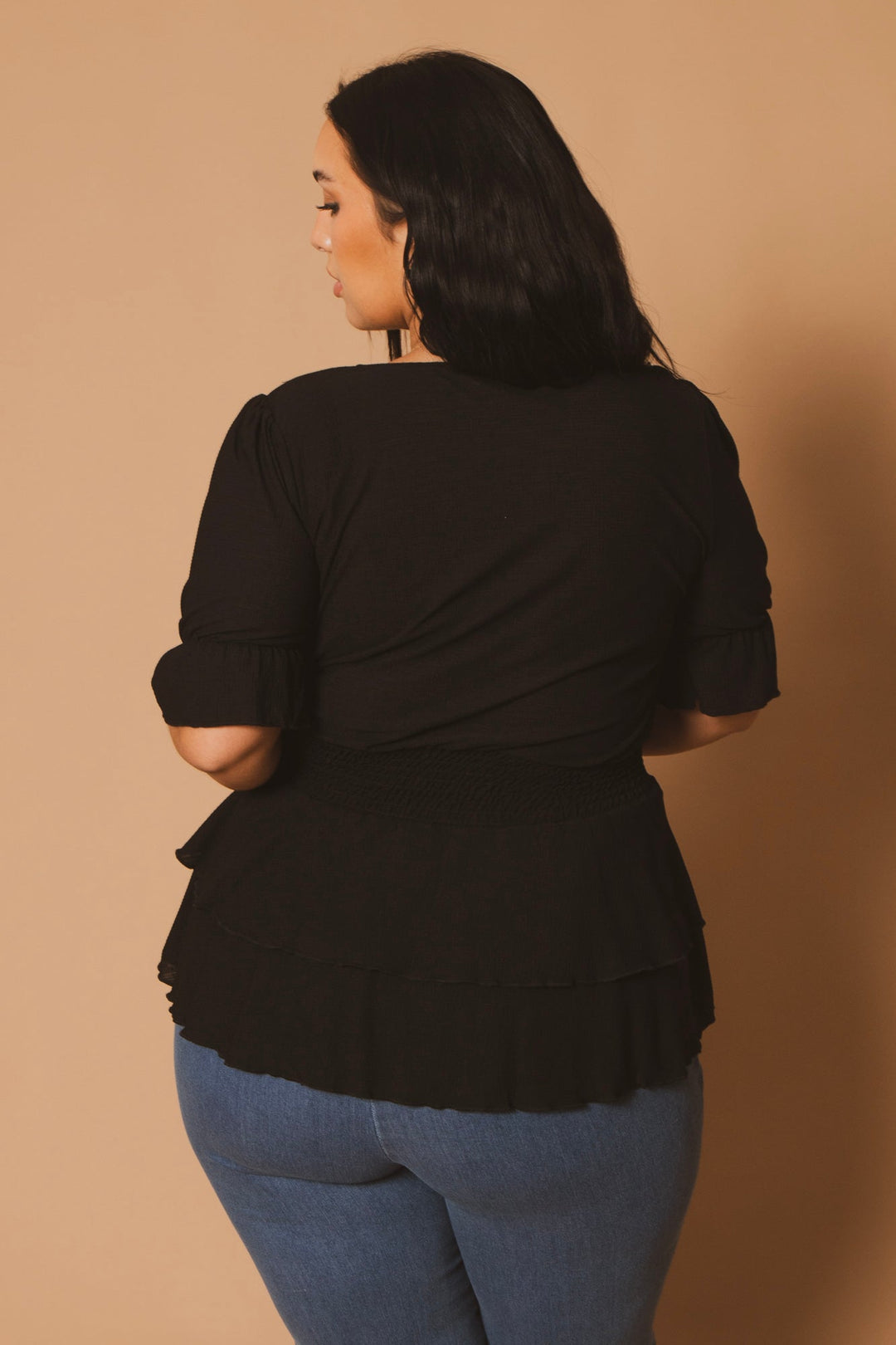 Blue Leopard Tops Plus Size Sandy Smocked Peplum Top - Black