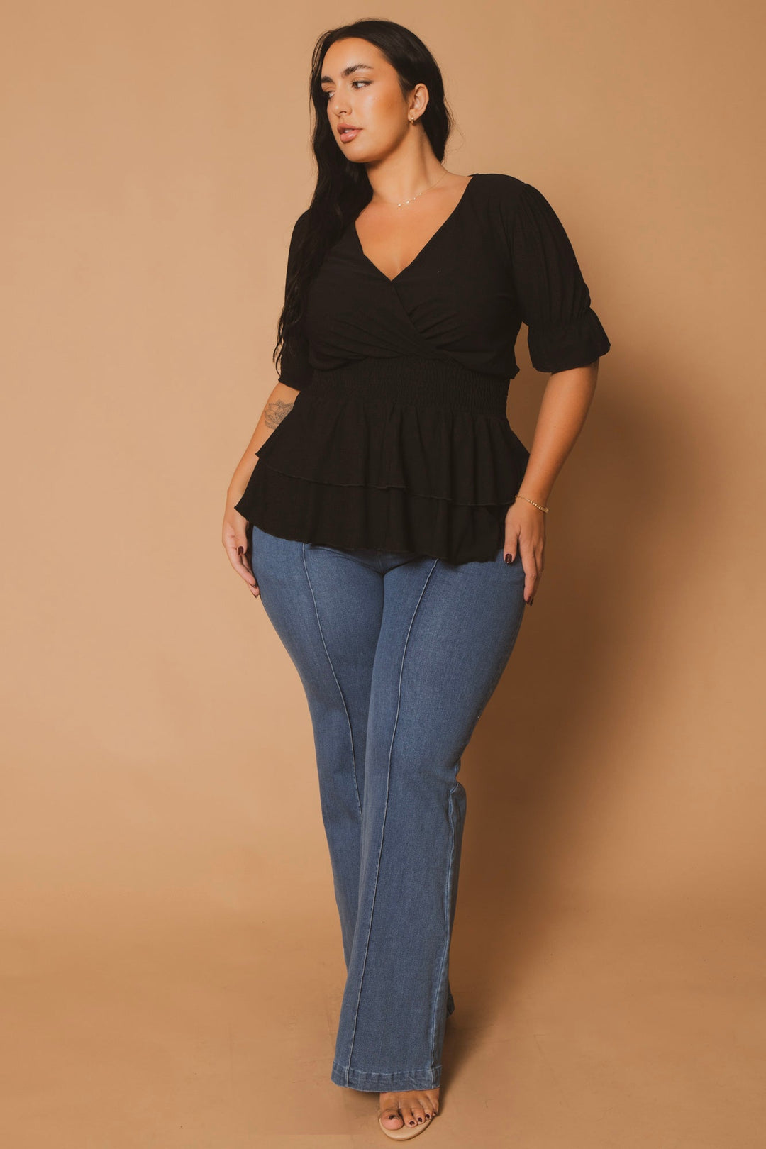 Blue Leopard Tops Plus Size Sandy Smocked Peplum Top - Black