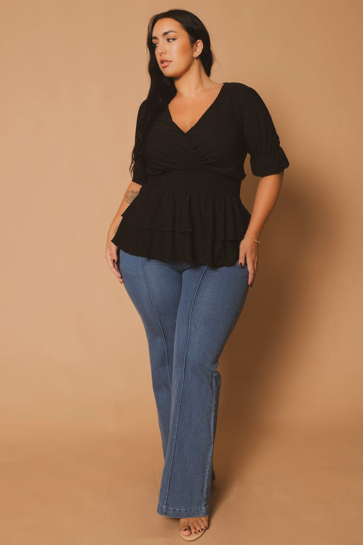 Blue Leopard Tops Plus Size Sandy Smocked Peplum Top - Black