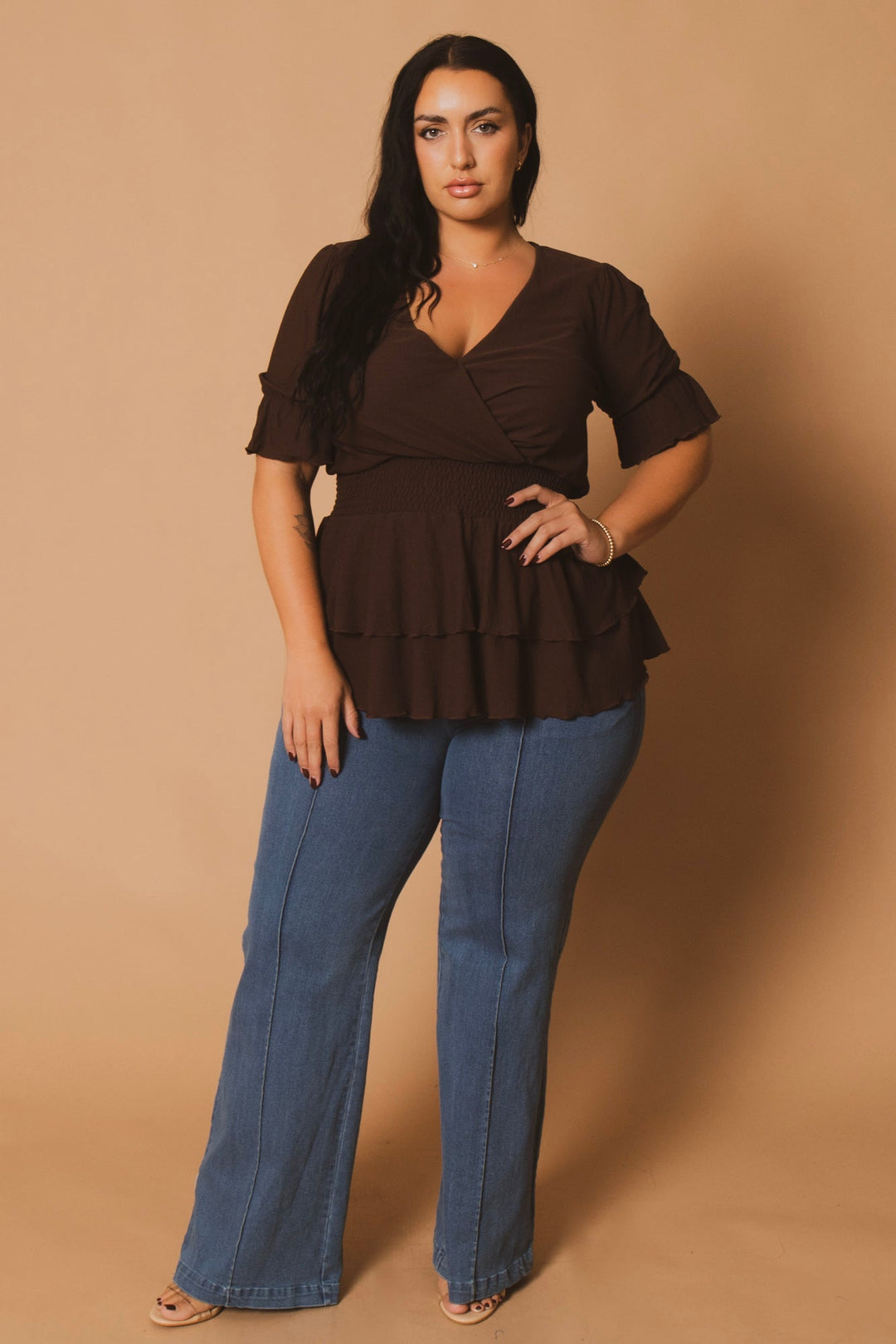 Blue Leopard Tops Plus Size Sandy Smocked Peplum Top - Brown