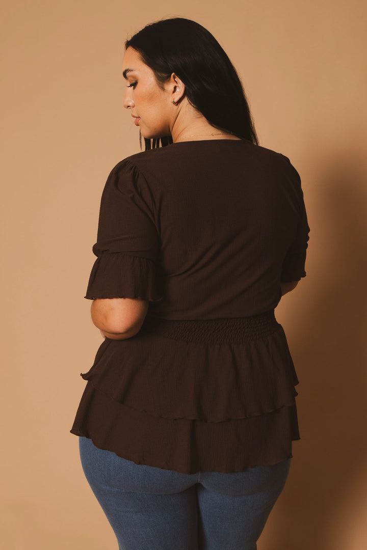 Blue Leopard Tops Plus Size Sandy Smocked Peplum Top - Brown