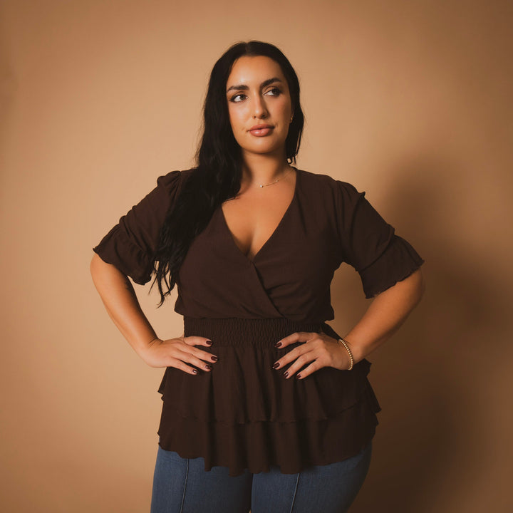 Blue Leopard Tops Plus Size Sandy Smocked Peplum Top - Brown