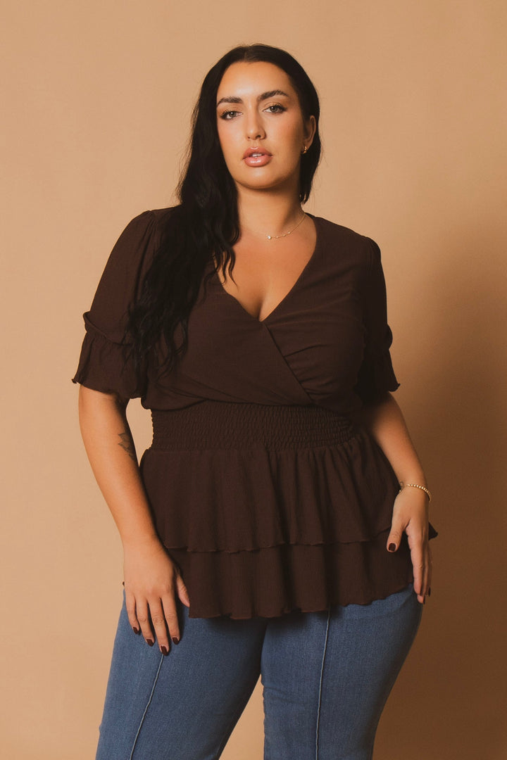 Blue Leopard Tops Plus Size Sandy Smocked Peplum Top - Brown