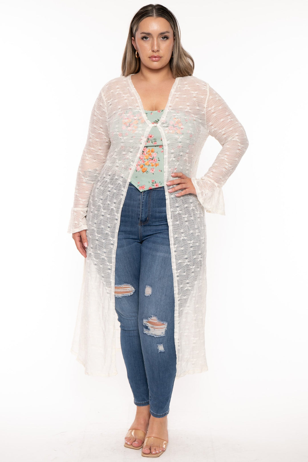 CULTURE CODE Tops Plus Size Scarlet Lace Flare Duster  - Ivory