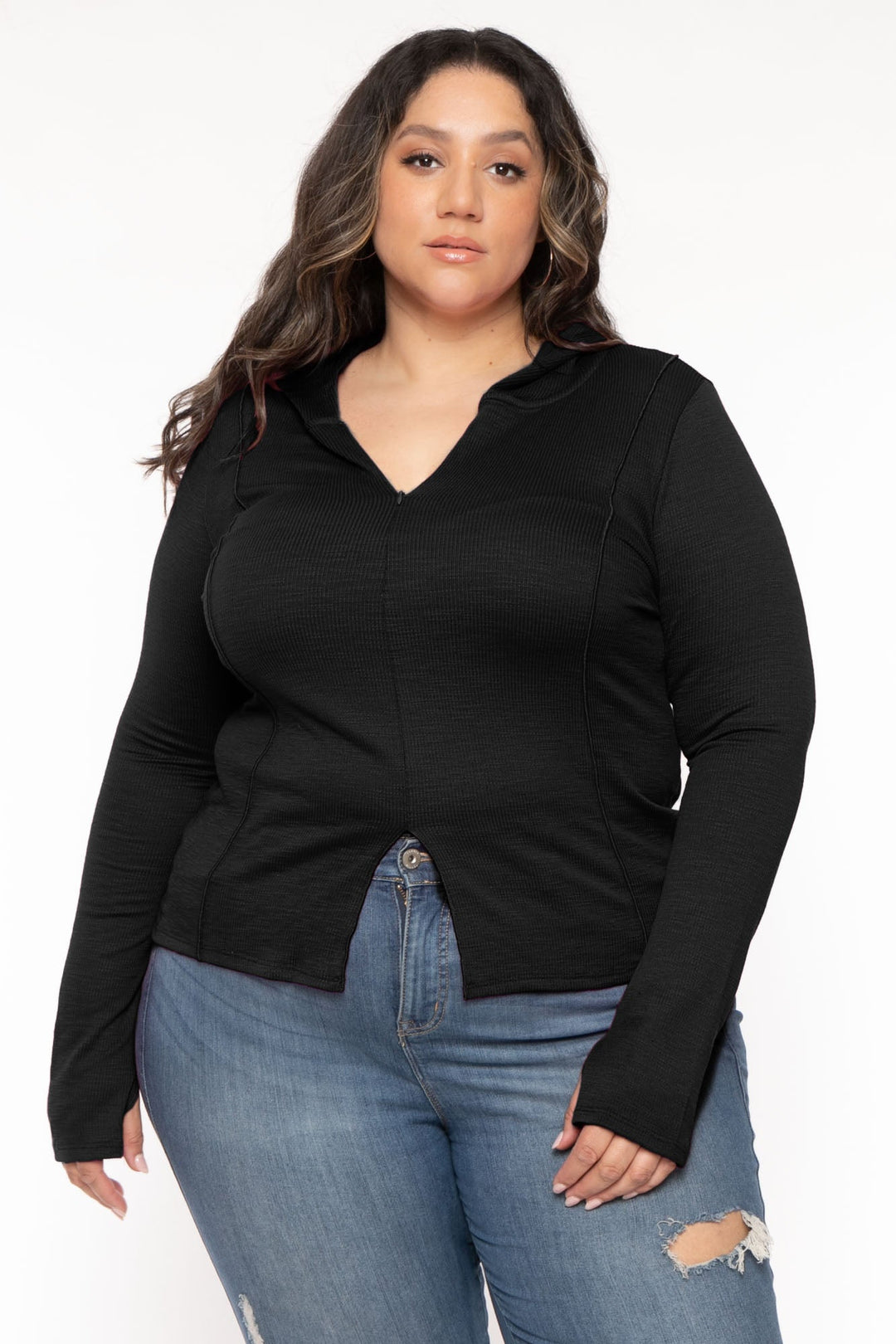 Plus Size Shansi Center Slit Top Black - Main Image