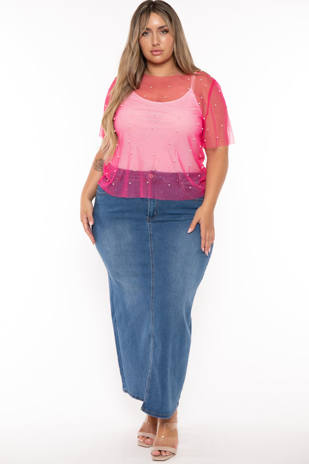 GEE GEE Tops Plus Size Sprinkle of Pearls SS  Top  - Hot Pink