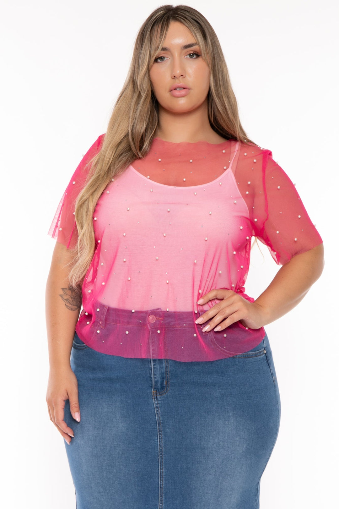 GEE GEE Tops Plus Size Sprinkle of Pearls SS  Top  - Hot Pink