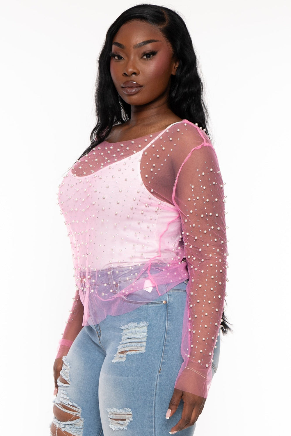 China Tops Plus Size Sprinkle of Pearls  Top  - Pink