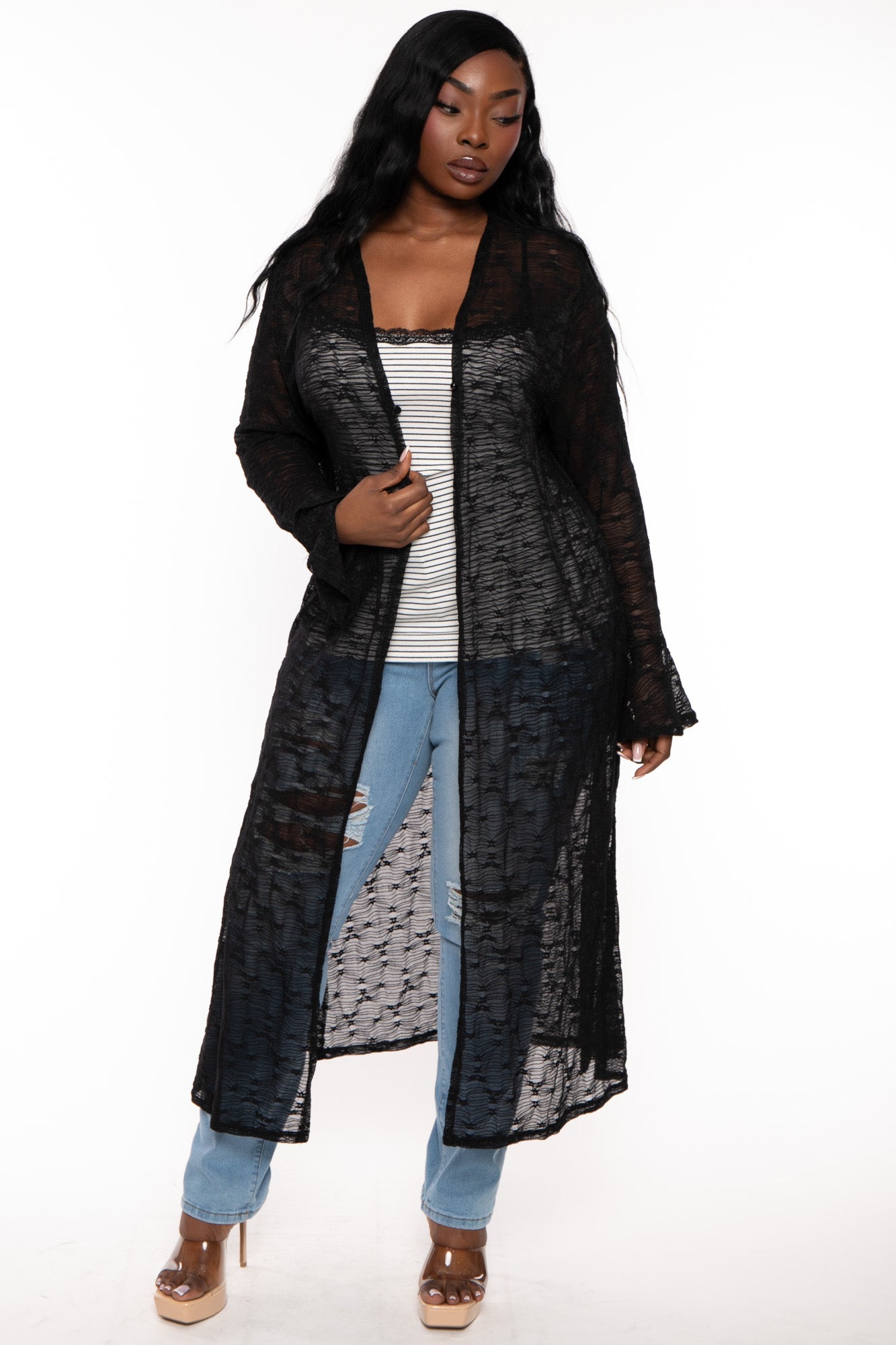 Women's Plus Size Striped Lace Trim Cami Top- Black - Curvy Sense