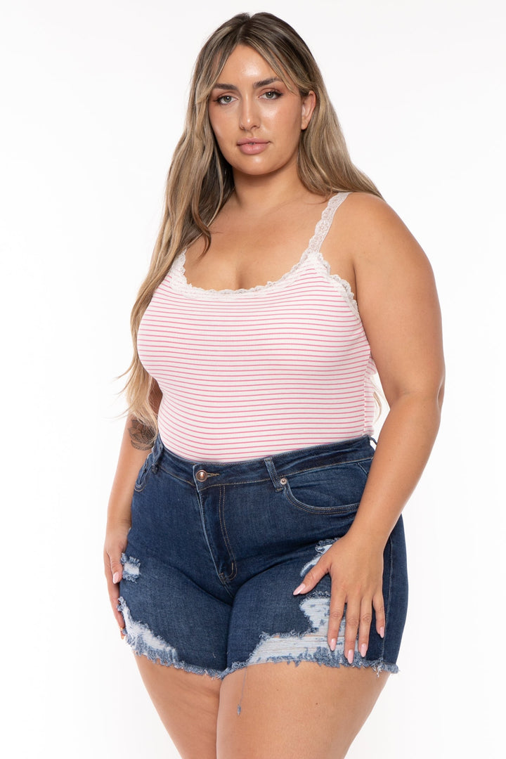 CULTURE CODE Tops Plus Size  Striped  Lace Trim  Cami Top- Pink