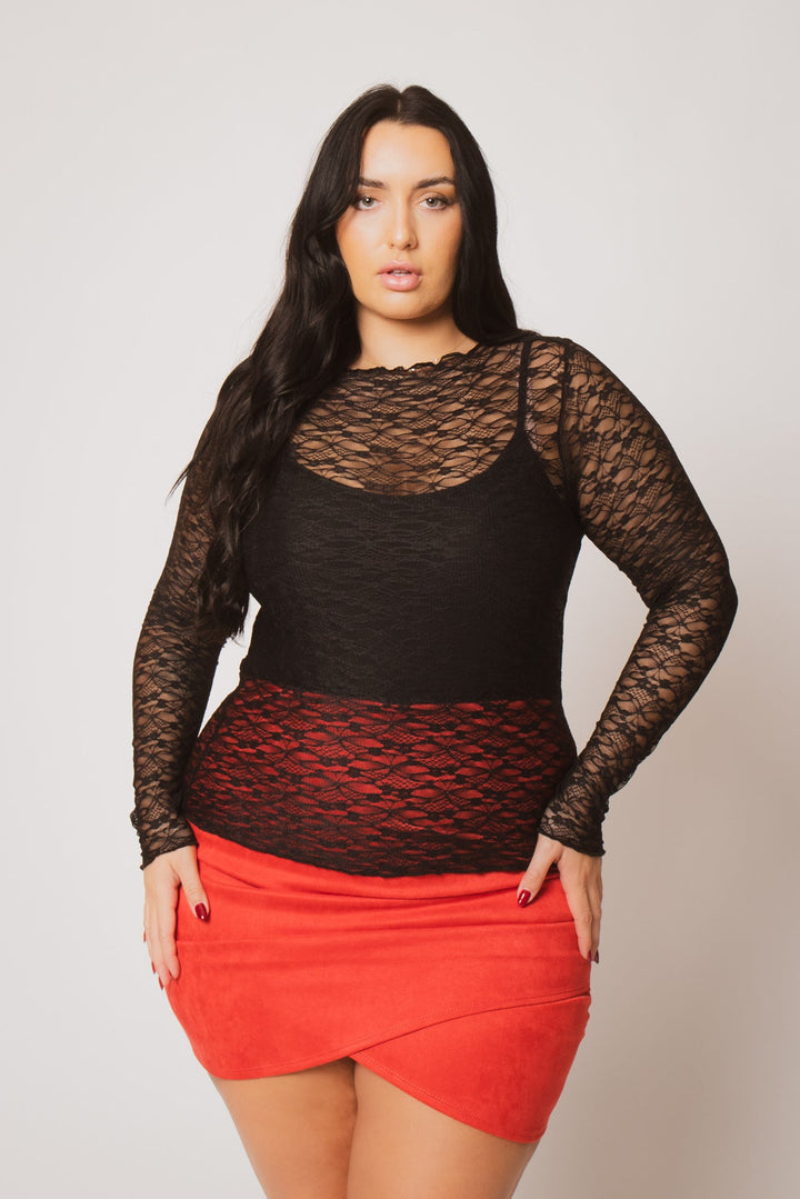 Blue Leopard Tops Plus Size Sultry Lace Top  - Black