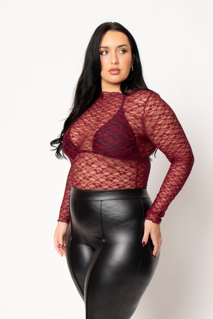 Blue Leopard Tops Plus Size Sultry Lace Top  - Burgundy
