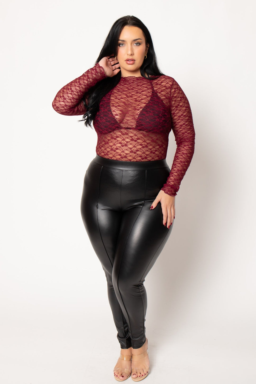Blue Leopard Tops Plus Size Sultry Lace Top  - Burgundy