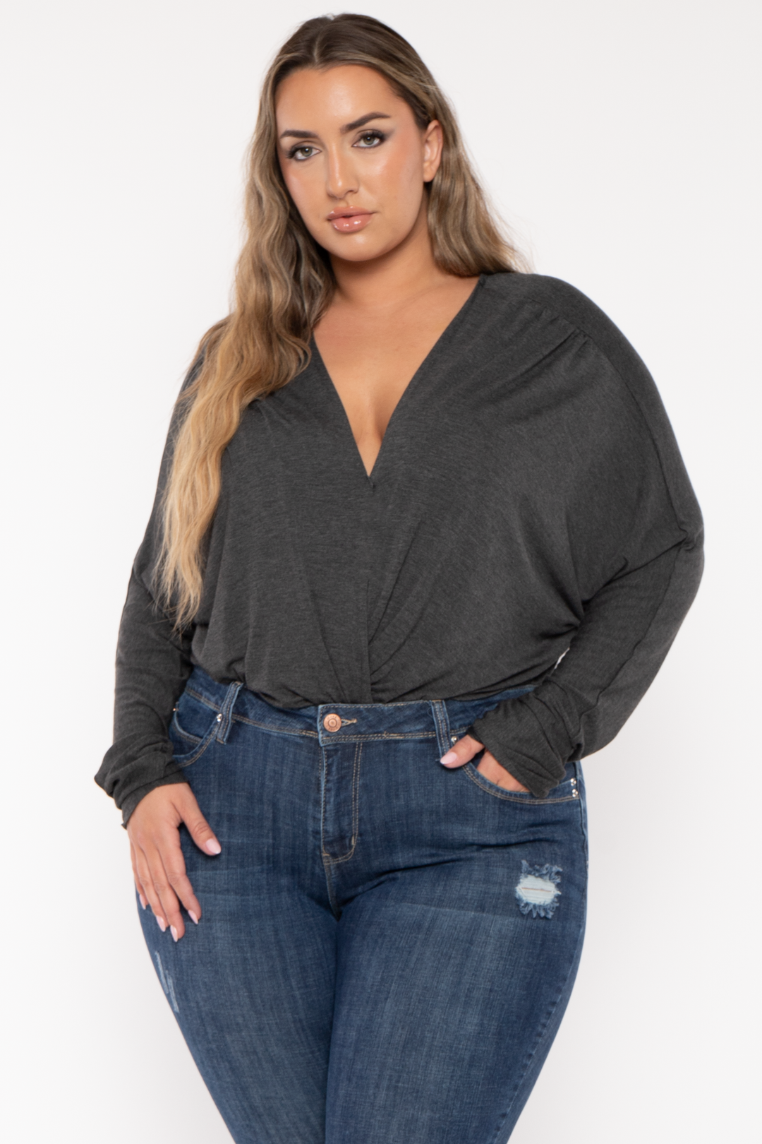 CULTURE CODE Tops Plus Size Surplice Dolman Sleeve Bodysuit  - Charcoal