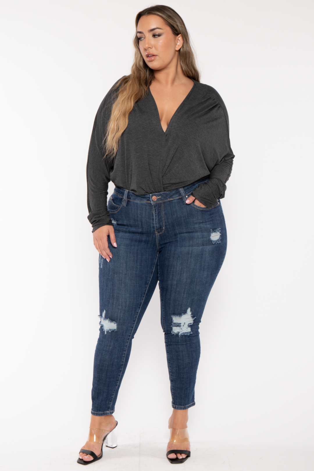 CULTURE CODE Tops Plus Size Surplice Dolman Sleeve Bodysuit  - Charcoal