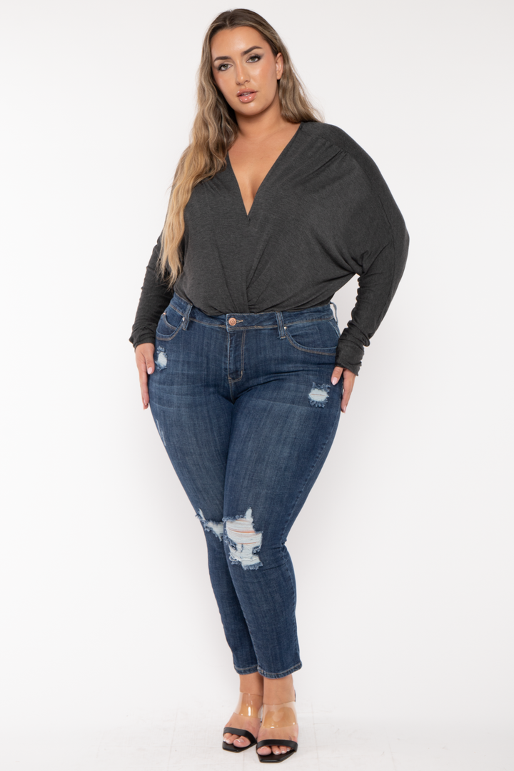 CULTURE CODE Tops Plus Size Surplice Dolman Sleeve Bodysuit  - Charcoal