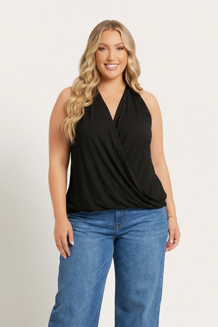 Zenana Tops Plus Size Surplice Halter Top - Black