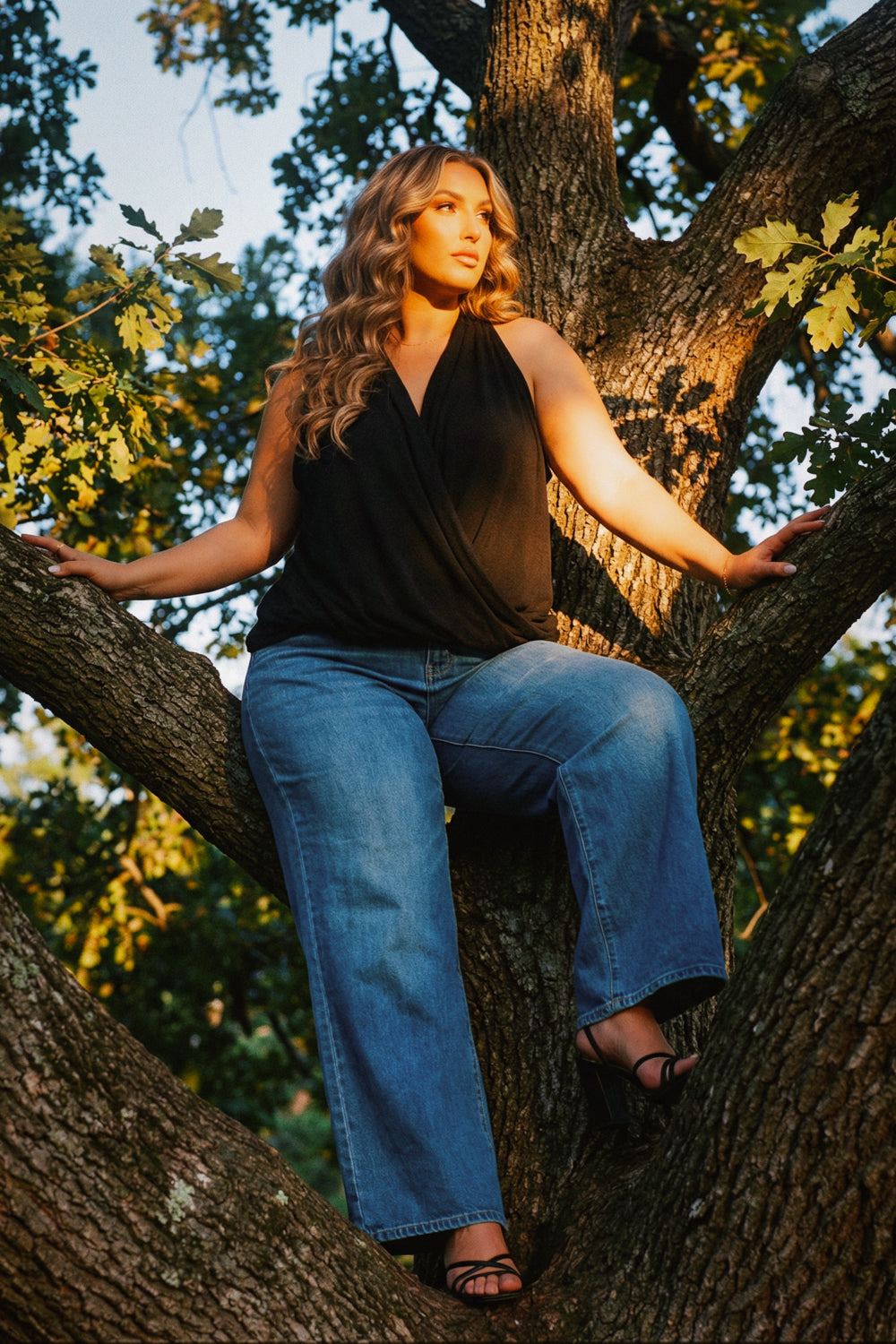 Zenana Tops Plus Size Surplice Halter Top - Black