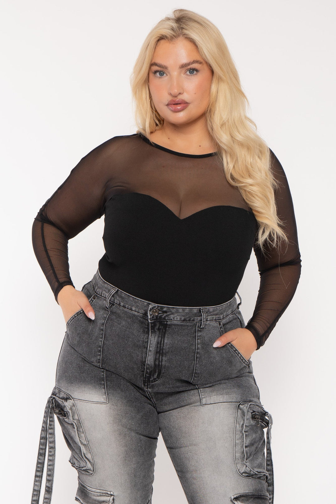 Curvy Sense Tops Plus Size Sweetheart Mesh Top- Black