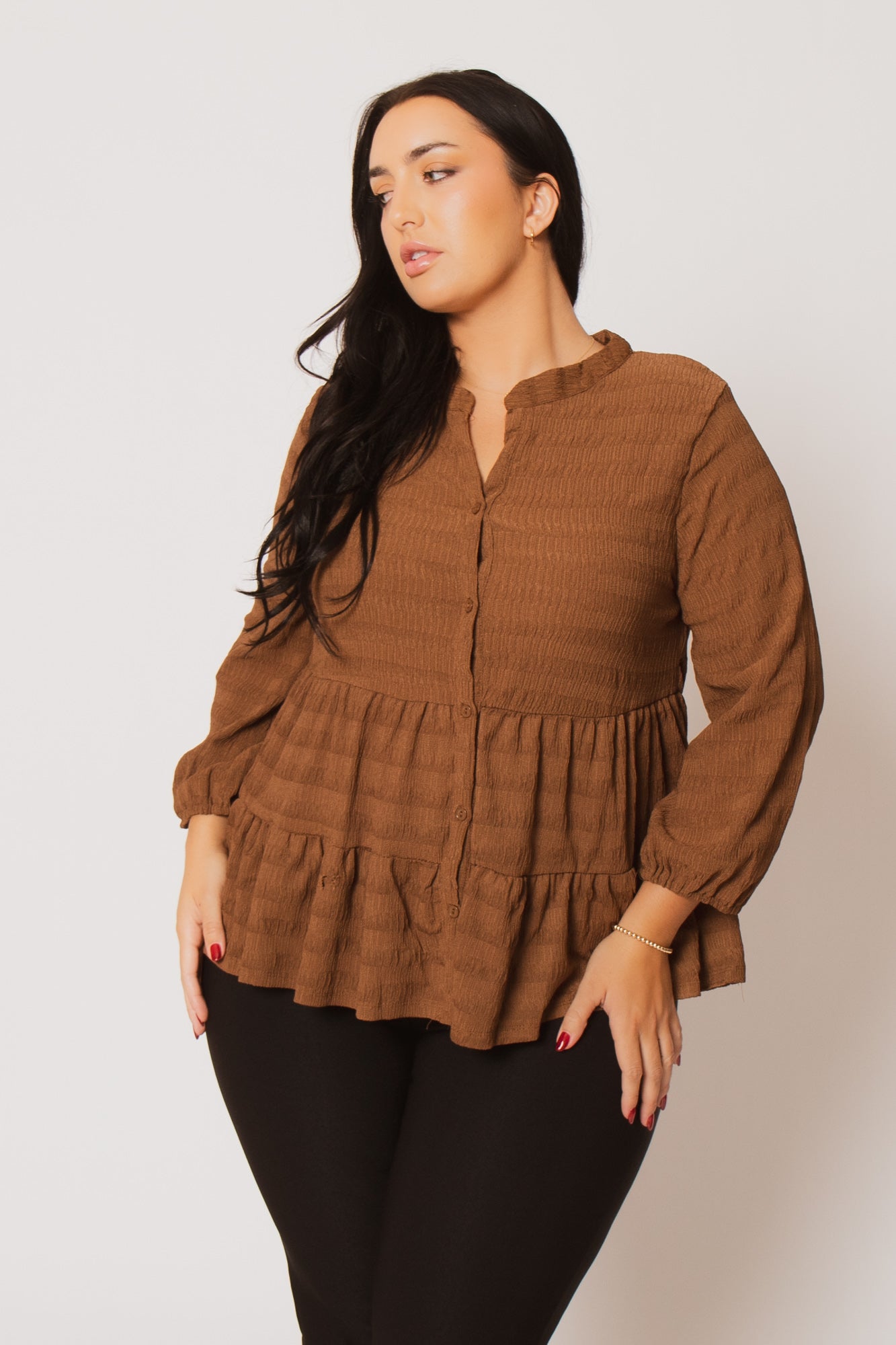 Women's Plus Size Tessa Babydoll Top - Brown - Curvy Sense