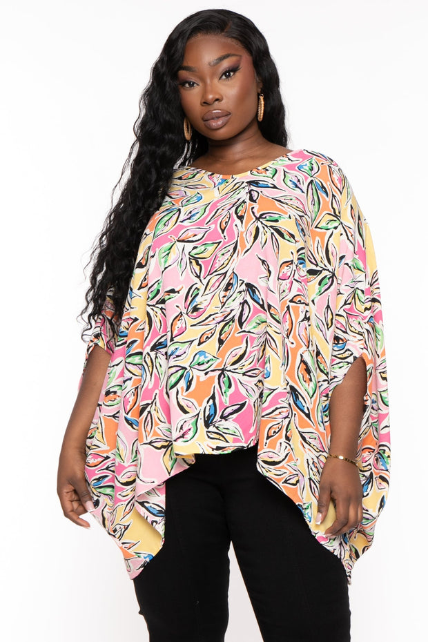 FIRST LOVE Tops 1X / Pink Plus Size Tia  Leaf Print Blouse - Pink