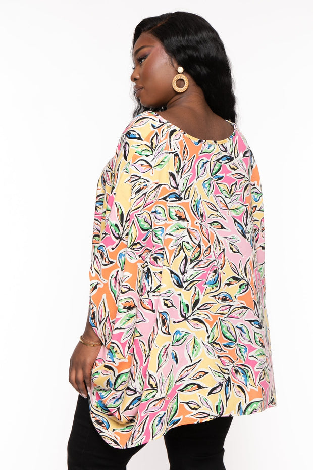 FIRST LOVE Tops Plus Size Tia  Leaf Print Blouse - Pink