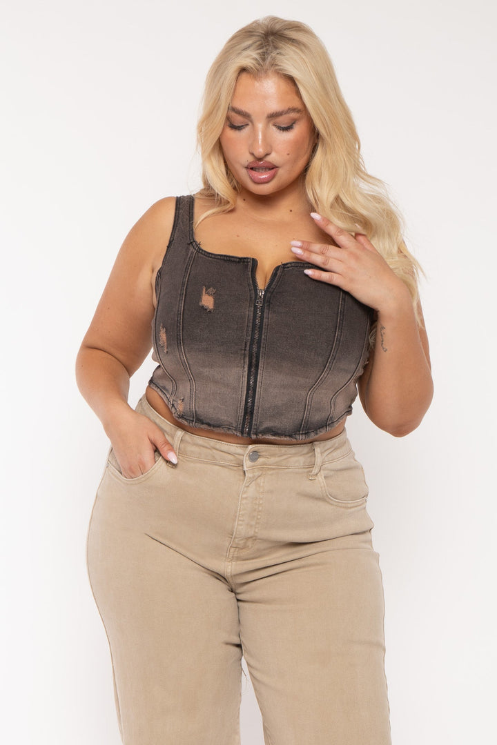 American Bazi Tops Plus Size Tinted  Distressed Corset Top -Brown